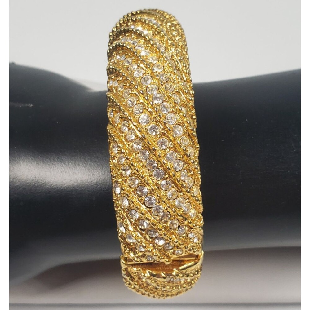 Vintage 80 Signed Joan Rivers Rhinestone Hinged Clamper Wide Bangle Bracelet 6.5